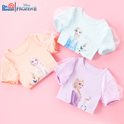 迪士尼女童短袖T恤艾莎公主圆领泡泡花边袖四季卡通印花儿童上衣