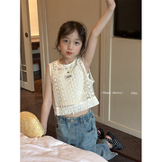 咸蛋小虾米韩国夏装女童假两件镂空时髦钩花背心儿童t恤无袖上衣