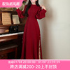 法式气质赫本风蕾丝拼接长裙子，秋冬大码设计感别致漂亮红色连衣裙