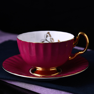 下午茶杯套装玫红欧式简约少女系咖啡杯轻奢华浮雕陶瓷杯带碟带勺
