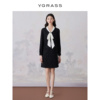 VGRASS黑色羊毛镶拼长袖气质连衣裙女春季丝带领结VSL2O12200