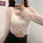 韩版蕾丝女长袖蕾丝衫夏季短款露脐防晒衣白色镂空短罩衫