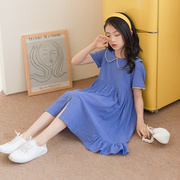 夏季韩版女童娃娃翻领短袖，连衣裙中大童，高腰荷叶边学院风公主裙子