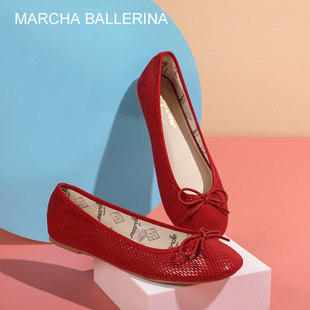marchaballerina玛沙芭蕾，小香风单鞋平底蝴蝶结，浅口红色四季鞋