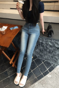 韩版春季复古水洗纹理蓝色铅笔裤时尚修身紧身弹力小脚牛仔裤