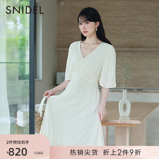 snidel春夏款纯色v领泡泡短袖蝴蝶结收腰连衣裙swfo232250