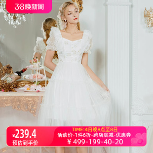 艾丽丝中长款白色连衣裙2024夏网纱蕾丝拼接气质，公主风蛋糕裙