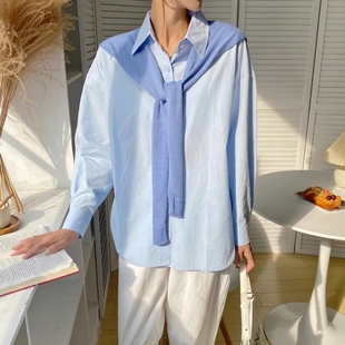 浅蓝色针织披肩两件套衬衫女韩版2023春装宽松休闲白衬衣女