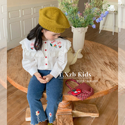 韩版女童衬衫秋装2023儿童娃娃领长袖衬衣洋气女宝宝刺绣上衣