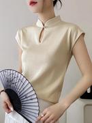 新中式国风立领短袖针织衫2024夏季民族风上衣女镂空设计T恤