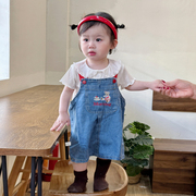 女童牛仔背带裙0-5岁夏季女宝宝可爱小熊连衣裙，婴儿刺绣卡通裙子