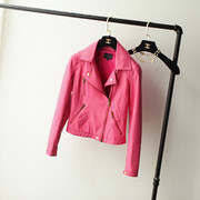 春秋韩版高腰粉红色皮衣外套女短款小个子学生修身机车pu夹克
