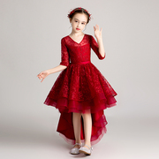 定制女童超仙公主裙蓬蓬纱生日长袖红色花童主持人礼服儿童钢琴演
