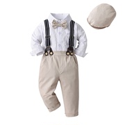 男童春秋绅士套装婴儿帅气带帽子长袖背带裤两件套儿童英伦风礼服