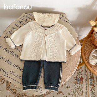 巴梵欧女宝宝毛衣套装，人字纹提花婴儿针织衫外套，长裤两件套外出服