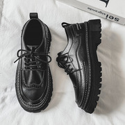 布洛克皮鞋男鞋秋季正装商务休闲英伦黑色青少年运动软面增高潮鞋
