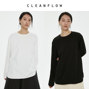 cleanflow精梳棉弧形下摆圆领长袖衬衫，式t恤打底白色设计感女