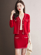 小香风两件套女装秋装，2022红色套裙，时尚洋气时髦套装针织半裙