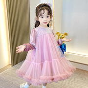 女童秋冬网纱蓬蓬裙长，长袖短款公主裙，拼接粉红色加绒春秋连衣裙