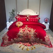 重工刺绣新中式绣花全棉婚庆结婚四件套红色新婚被套婚房床上