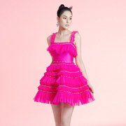 越南小众品牌lylia2022夏季吊带，木耳边蕾丝，欧根纱拼接短裙