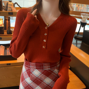 新年红毛衣女秋冬小香风内搭v领针织打底衫高级感超好看显瘦上衣