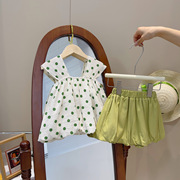 2023韩版夏季绿色女童圆点无袖，上衣女宝背心裙花苞短裤套装23133