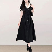 韩版拼色西装领短袖连衣裙女夏季2024气质显瘦收腰中长款裙子