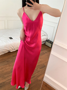 缎面纯色礼服裙宴会，裙小心机玫瑰红性感吊带，连衣裙打底长裙