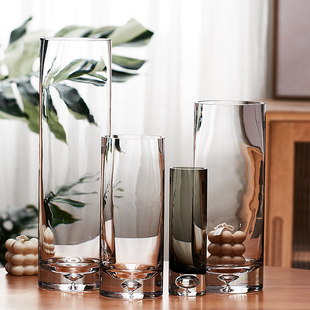 简约瓶底气泡玻璃花瓶，透明水培插花花瓶直筒花器客厅创意摆设