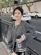 韩国2024春灰色小个子，毛呢棒球服外套，女宽松休闲百搭卫衣开衫