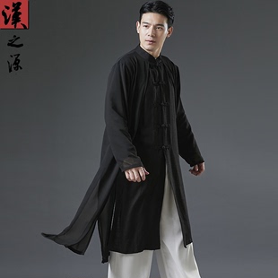 中国风男士汉服唐装假两件棉麻雪纺长衫中式长袍中长款复古男装