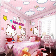 3d卡通儿童房壁纸，粉色公主房女孩卧室床头，背景墙墙纸hellokitty猫