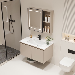 奶油风浴室柜组合陶瓷，一体盆现代简约岩板卫浴，洗手脸漱台上盆镜柜