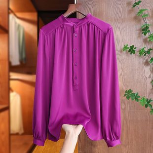 时髦洋气紫色满满的高级感珍珠缎圆领长袖衬衫优雅气质宽松感上衣