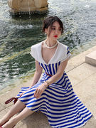 法式蓝白条纹海军领连衣裙2023女夏季设计感收腰显瘦气质裙子