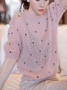 马海毛毛衣女薄款镂空短袖，套头宽松上衣针织衫粉色手工编织爆