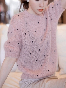 马海毛毛衣女薄款镂空短袖，套头宽松上衣，针织衫粉色手工编织爆