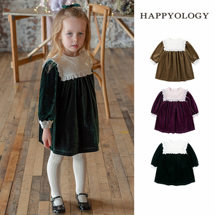 happyology英国儿童丝绒女童，蕾丝花边洋气儿童，公主裙长袖连衣裙