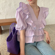 泡泡袖上衣女v领紫色衬衫，设计感小众，夏季2020宽松短袖雪纺衫