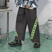 GENANX闪电潮牌字母荧光绿织带宽松直筒休闲裤男女同款深灰色
