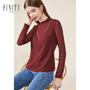 菲妮迪2020冬装时尚修身简约气质半高圆领酒红色小波点雪纺衫