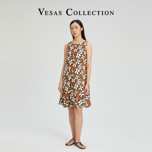 Vesas Collection唯尚女装亚麻连衣裙 圆领纯色收腰显瘦短袖D1240