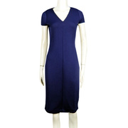 V领短袖套头裙修身显瘦连衣裙外贸M家女装蓝色针织裙子包袖一步裙