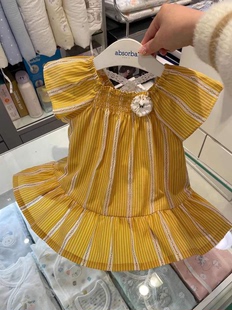 韩国中小童装 22夏女童宝洋气黄色竖条纹飞袖连衣裙 公主裙H2