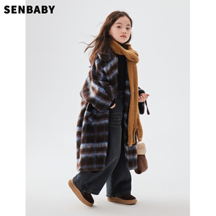 Senbaby童装定制女童外套宝宝冬装中大童洋气长款格子呢大衣
