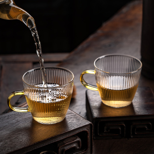 日式功夫茶具品茗杯家用喝茶的杯子办公室茶道，玻璃小茶杯耐热带把