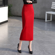 春装后开叉包臀裙垂感弹力纯色职业，一步裙红色显瘦西装裙长裙