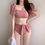 韩版粉色淑女泡泡袖系带蝴蝶结高腰带袖比基尼分体泳衣