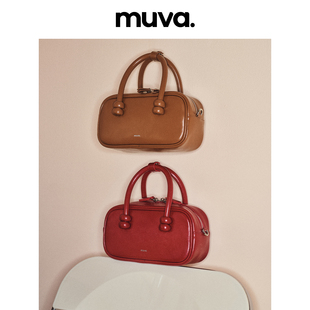 MUVA原创2023波士顿红色包包手提包女春夏时尚百搭真皮斜挎包